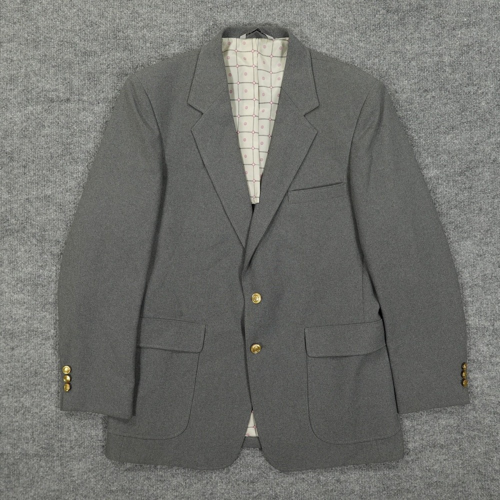 Vintage Perma-Prest Blazer Mens 42R Gray Polyester Sport Coat‎ Gold Buttons USA